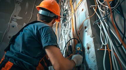 A professional electrician wearing safety gear works on electrical wiring inside a wall, highlighting the technical and safety aspects of electrical work. Generative AI