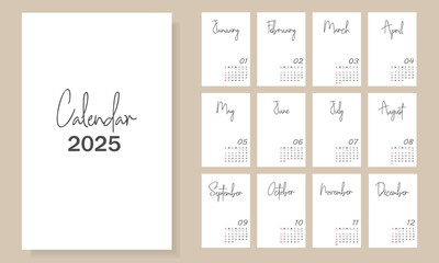 The calendar for 2025 is in a fashionable minimalistic style. A set of 12 pages of a desktop calendar. The design of the planner of the minimum calendar for 2025 for printing a template. 