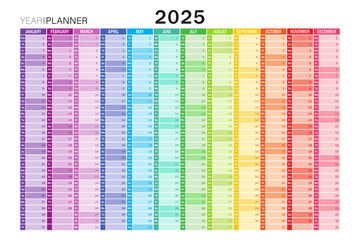 Calendar planner for 2025. Colorful wall calendar in English.