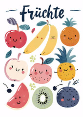 Whimsical cartoon illustrations of various smiling fruits with the German label "Früchte," featuring apples, bananas, oranges, kiwis, and berries on a white background