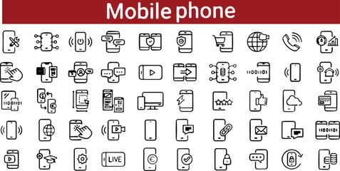 Mobile phone line icons set notification, responsive, movie. Smartphone services. Mobile phone linear icons. Mobile technology outline vector sign collection.