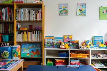 Colorful Classroom with Bookshelves and Toys