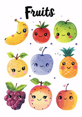 Whimsical cartoon illustrations of various smiling fruits with the German label "Fruits," featuring apples, bananas, oranges, kiwis, and berries on a white background