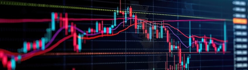 Closeup financial chart with uptrend line candlestick graph in stock market on blue color monitor background