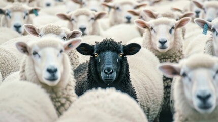 Obraz premium A black sheep stands out in a herd of white sheep