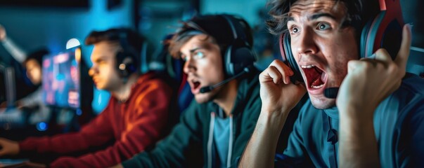 Fototapeta premium A group of young gamers immersed in an intense gaming session, showcasing emotional expressions and engagement.