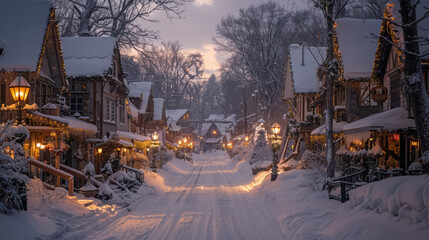 Cozy city in a fairy illuminated christmas winter wonderland, cinematic landscape