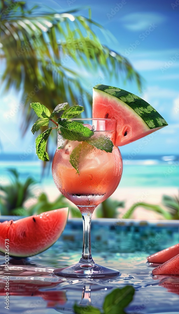 Poster a refreshing watermelon cocktail with a garnish of watermelon and mint, perfectly positioned on a ta