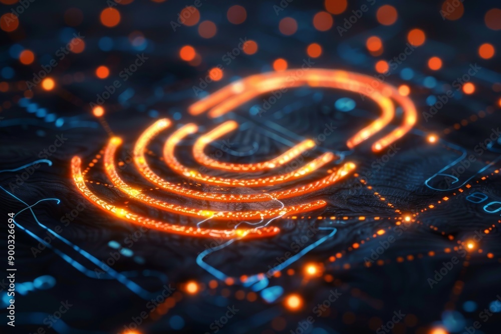 Poster glowing digital fingerprint on a circuit board symbolizing security and technology