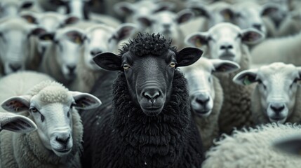 Obraz premium A black sheep stands out in a herd of white sheep