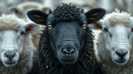 A black sheep stands out in a herd of white sheep