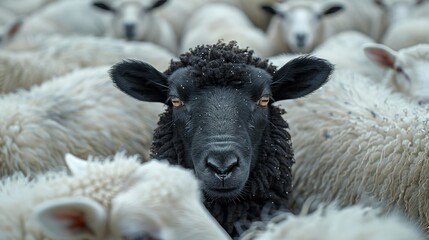 A black sheep stands out in a herd of white sheep