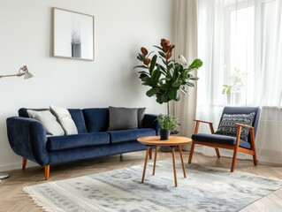 A living room with a blue couch, a coffee table, and a potted plant. The room has a modern and cozy feel, with the blue couch and the wooden coffee table adding a touch of warmth