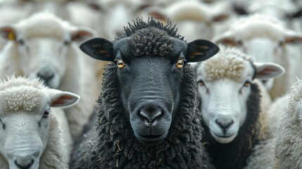 Obraz premium A black sheep stands out in a herd of white sheep
