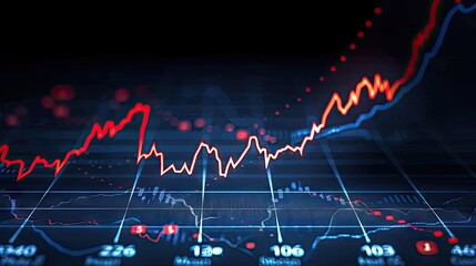 Closeup financial chart with uptrend line candlestick graph in stock market on blue color monitor background