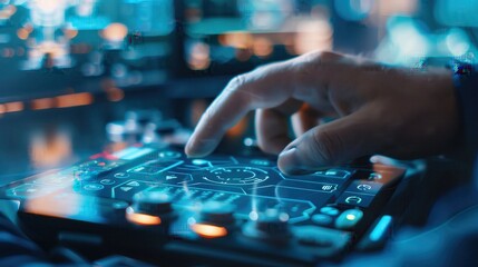 Close-up of a hand interacting with modern digital touch screen interface in a futuristic control room setting.