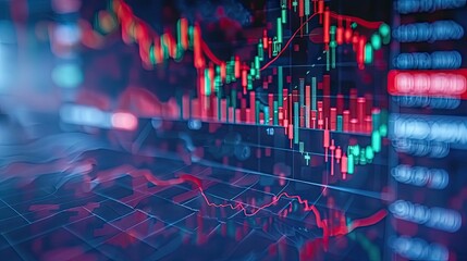 Closeup financial chart with uptrend line candlestick graph in stock market on blue color monitor background