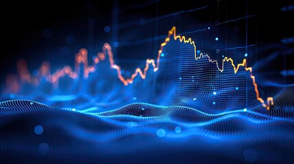 Closeup financial chart with uptrend line candlestick graph in stock market on blue color monitor background
