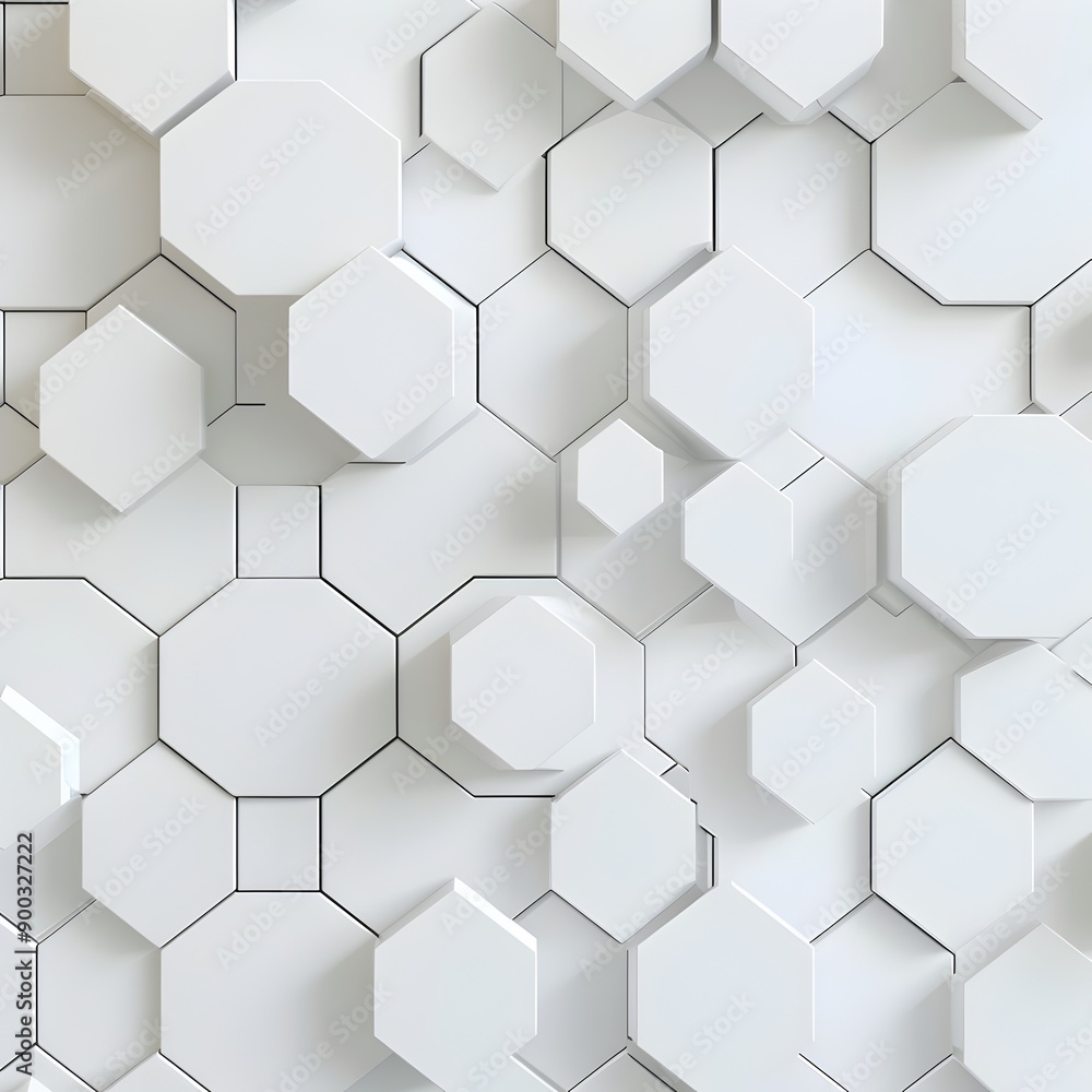 Poster A white background with an array of hexagons in varying sizes, creating geometric patterns that evoke the feel and look of data visualization or computer graphics