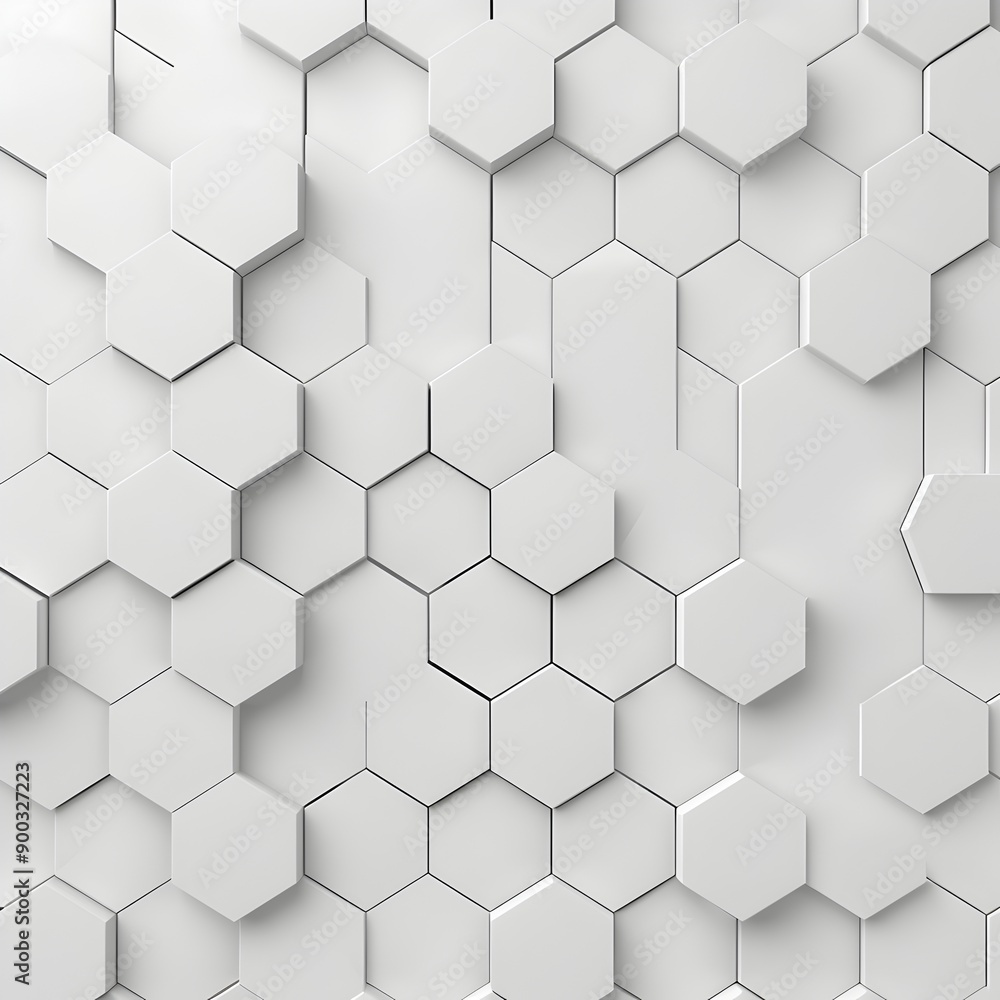 Poster A white background with an array of hexagons in varying sizes, creating geometric patterns that evoke the feel and look of data visualization or computer graphics