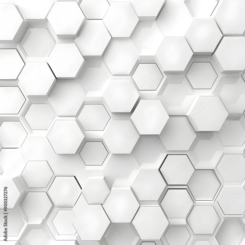 Poster A white background with an array of hexagons in varying sizes, creating geometric patterns that evoke the feel and look of data visualization or computer graphics