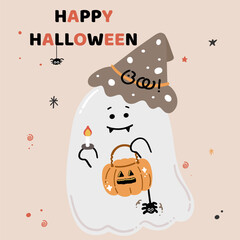 Happy Halloween, Cute ghost with pumpkin and candle, Trick or Treat, vector illustration for greeting card