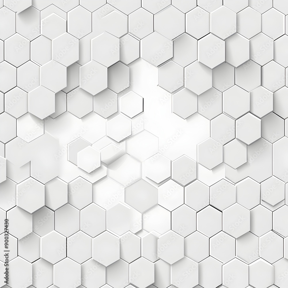 Poster A white background with an array of hexagons in varying sizes, creating geometric patterns that evoke the feel and look of data visualization or computer graphics