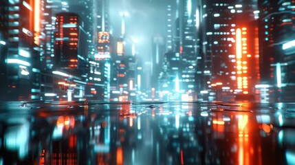 Futuristic cyberpunk cityscape with glowing neon lights reflecting in wet streets on a foggy night, showcasing advanced technology and urban life.