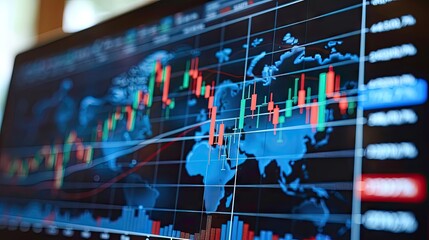 Closeup financial chart with uptrend line candlestick graph in stock market on blue color monitor background