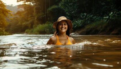 Fototapeta premium Smiling Woman in a Straw Hat Floating in a River