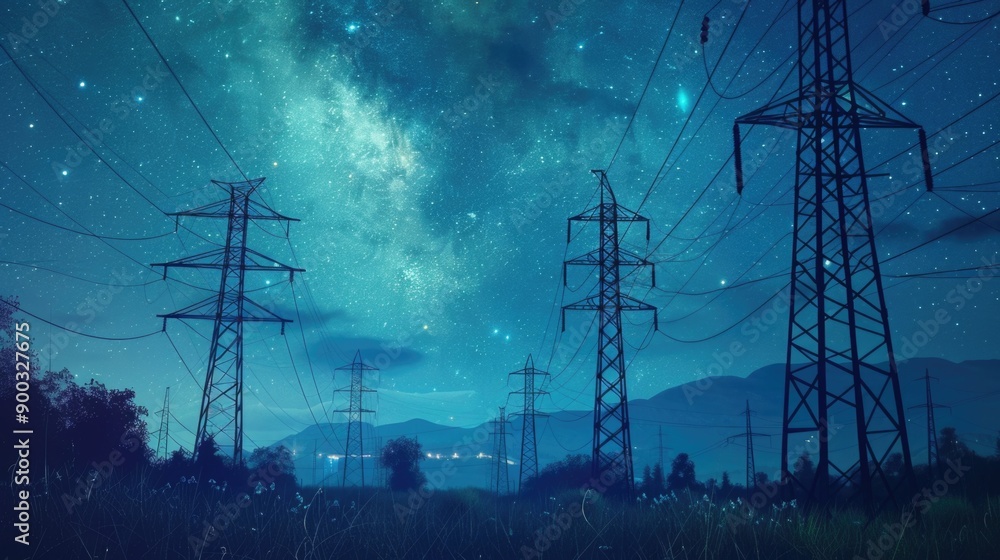 Aufkleber nighttime image of a starry sky with many power lines visible