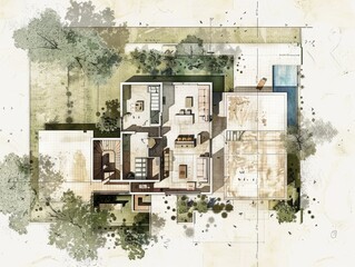 A drawing of a house with a pool and a garden. The house has a lot of windows and a large open space. Scene is peaceful and inviting