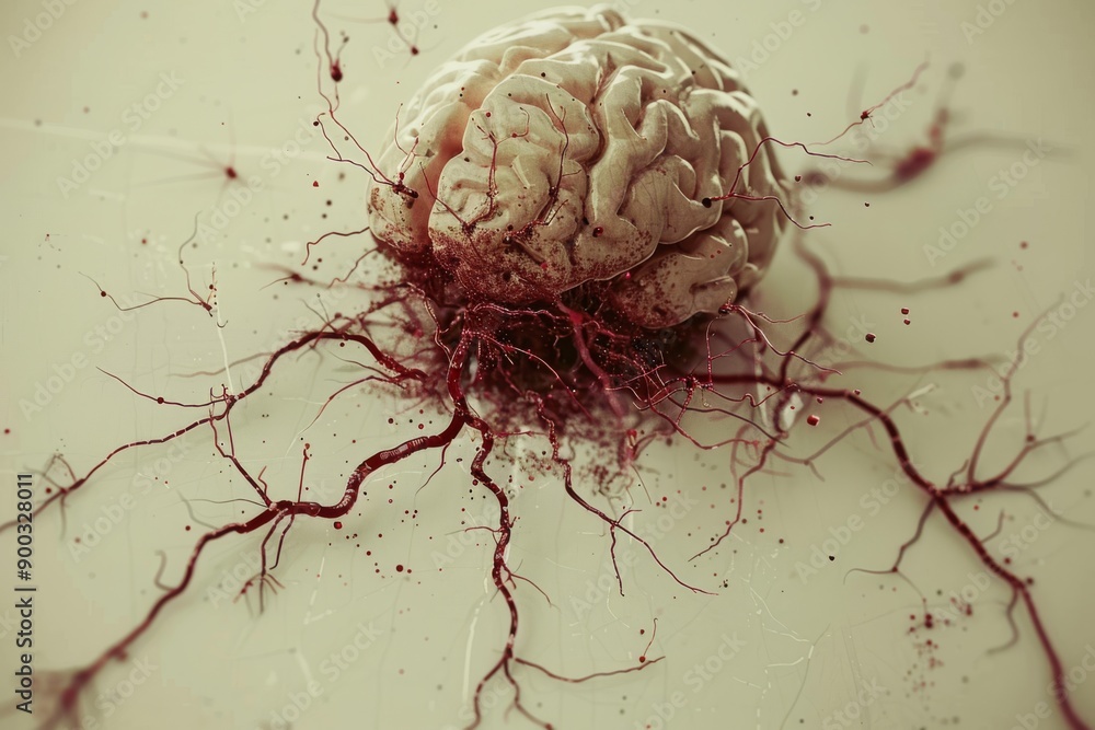 Poster realistic depiction of a brain with organic textures and neural pathways on a neutral background sym