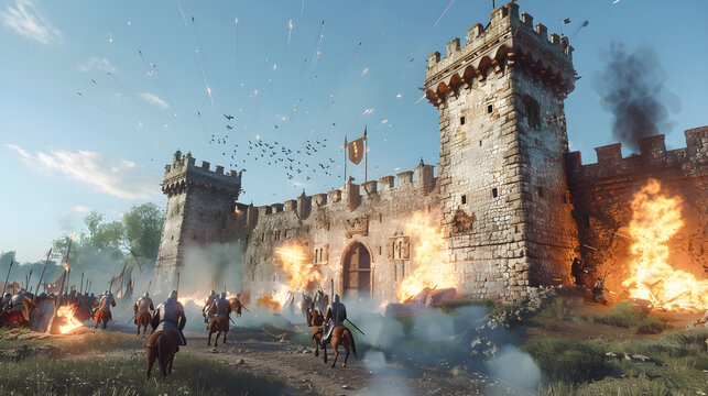 A medieval castle is under attack in a dramatic fantasy siege with warriors and archers.