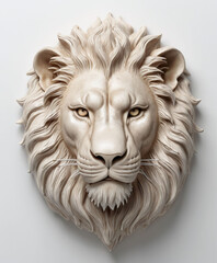 In a stunning wildlife portrait, lion head, a majestic mammal and fierce carnivore, displays its regal nature, its head crowned made with concrete, porcelain, resin or 3D