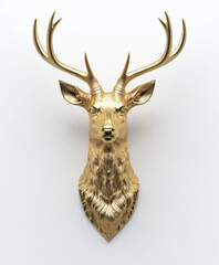 Fototapeta premium A close up of a yellow gold deer head isolated on a white background. luxurious holiday interior decorations