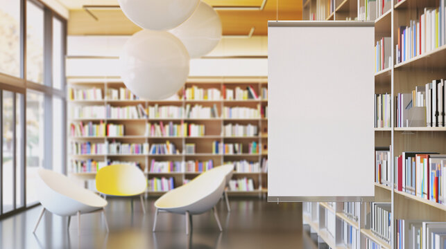 high-quality image of a modern library interior featuring an empty poster mockup for copy space.