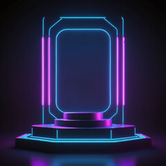 Empty podium pedestal for product showcase with cyberpunk purple color theme neon line gradient, modern robotic cyber, mecha concept