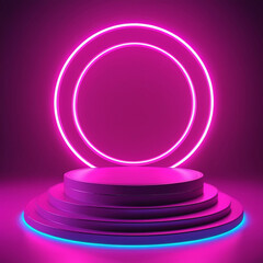 Empty podium pedestal for product showcase with cyberpunk purple color theme neon line gradient, modern robotic cyber, mecha concept