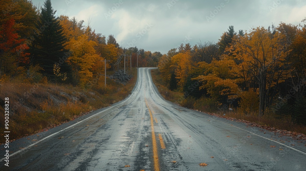 Poster a photo of a wet road surrounded by trees in a dense forest, perfect for use in outdoor or nature-th