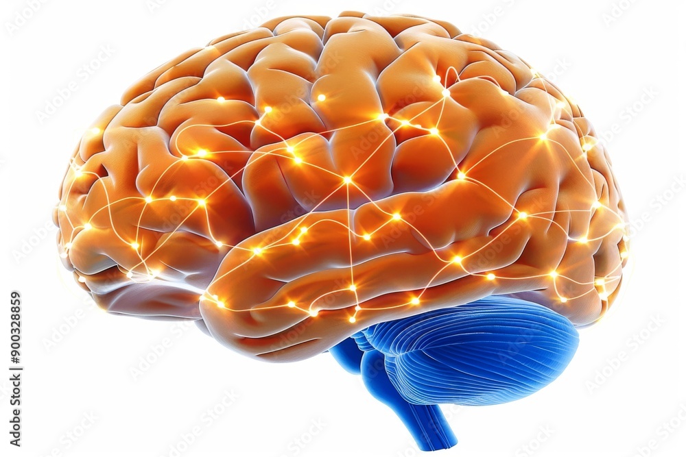 Poster orange brain illustration with neural connections on a white background symbolizing cognitive proces