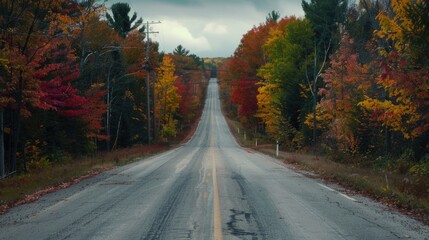 Fototapeta premium A long road stretches through a forest with changing leaves in autumn