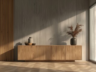 A wooden entertainment center with a vase of flowers on top. The room is empty and has a modern, minimalist feel