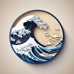 Fototapeten Japanese great wave ocean in in the rounded frame. japan wave oecean art for interior decoration, 3D paper art © vian