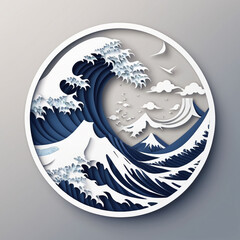Japanese great wave ocean in in the rounded frame. japan wave oecean art for interior decoration, 3D paper art
