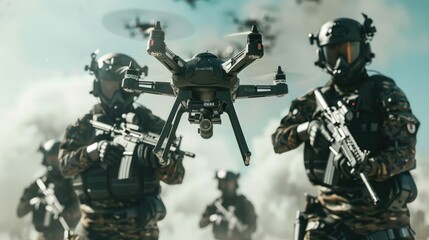 Group of soldiers using a drone in the field, potential for military or search and rescue scenarios