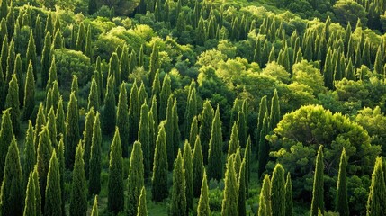 Fototapeta premium Cypress (Cupressus): Evergreen conifers with scale-like leaves and woody cones, cypresses thrive in warm climates and are known for their aromatic, fragrant wood. 
