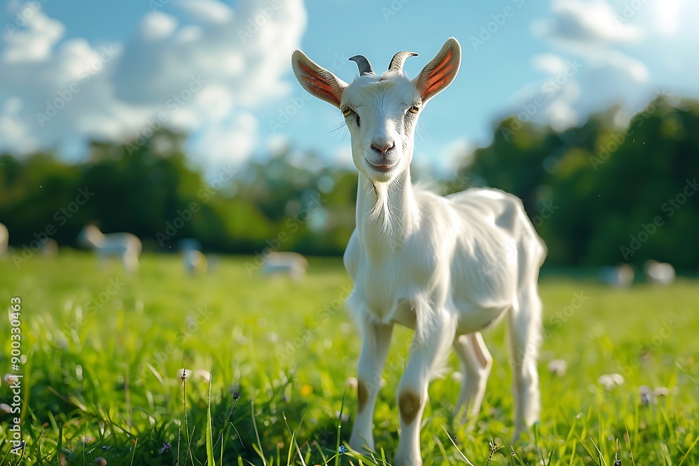 Wall mural white goat on green grass