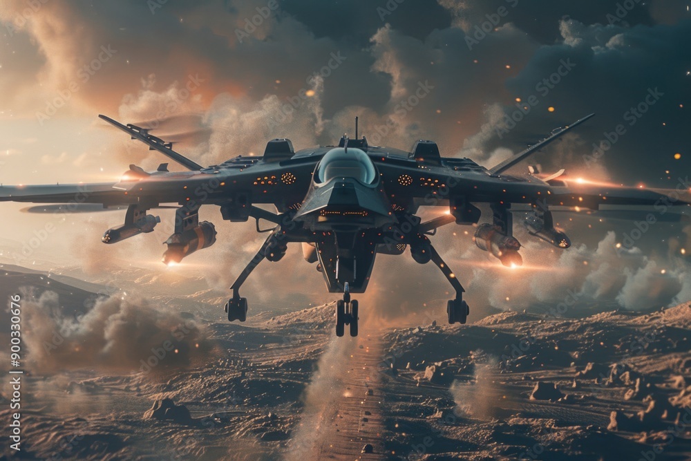 Poster a high-speed fighter jet soaring through a cloudy atmosphere, ready for takeoff or combat