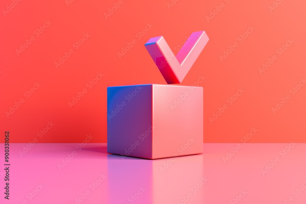 Poster pink and blue box with v on it, 3d icon of checkmark represents completion